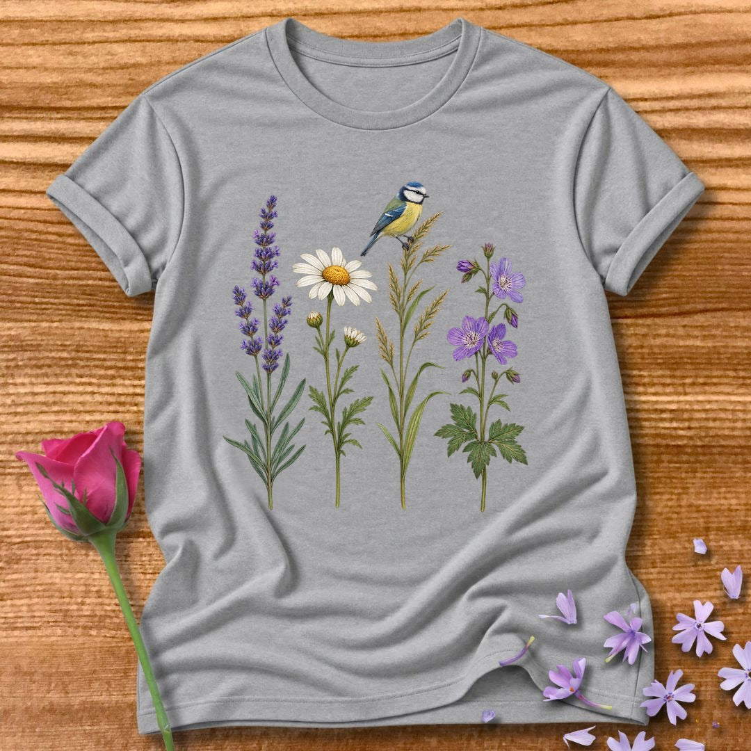 Wildflower Row — Minimalist Botanical Bird T-Shirt for Women in Sport Grey
