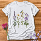 Wildflower Row — Minimalist Botanical Bird T-Shirt for Women in White