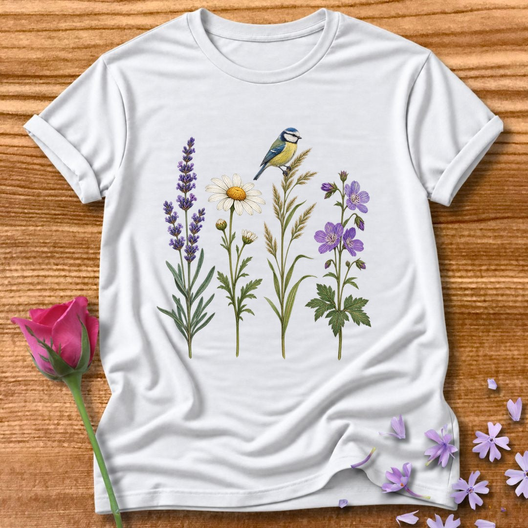 Wildflower Row — Minimalist Botanical Bird T-Shirt for Women in White