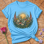 Wildflower Sunrise Meadow — Vintage Botanical T-Shirt for Women in Sky