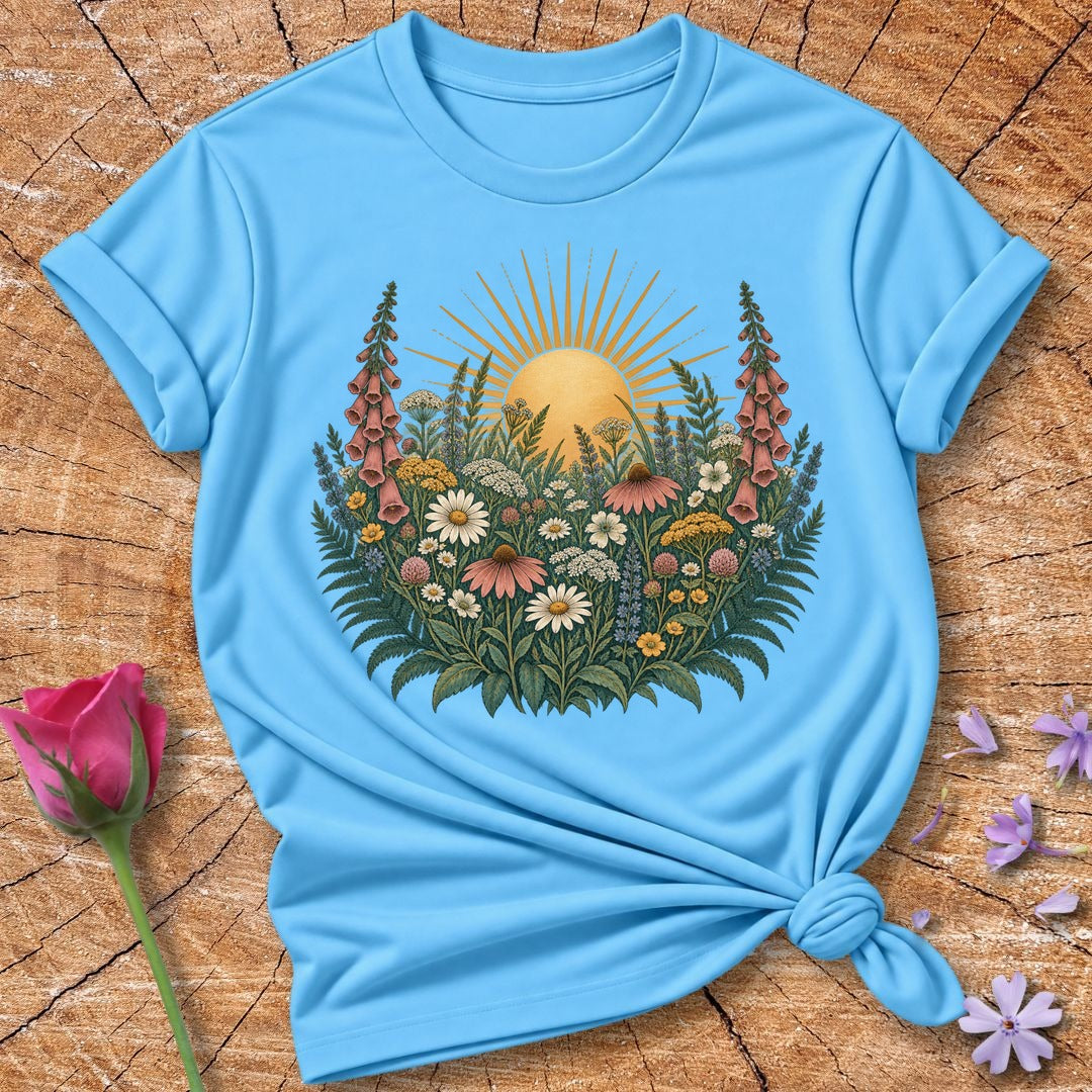Wildflower Sunrise Meadow — Vintage Botanical T-Shirt for Women in Sky
