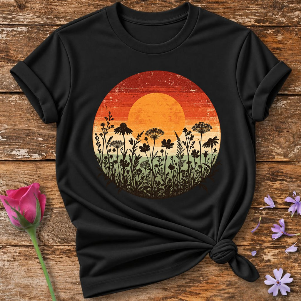 Wildflower Sunset Silhouette — Retro Distressed Botanical T-Shirt for Women in Black