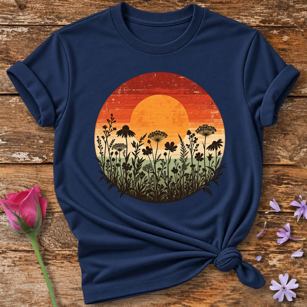 Wildflower Sunset Silhouette — Retro Distressed Botanical T-Shirt for Women in Navy