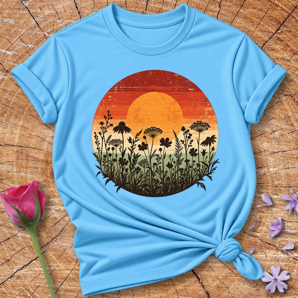Wildflower Sunset Silhouette — Retro Distressed Botanical T-Shirt for Women in Sky