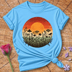 Wildflower Sunset Silhouette — Retro Distressed Botanical T-Shirt for Women in Sky