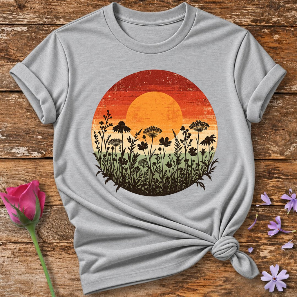 Wildflower Sunset Silhouette — Retro Distressed Botanical T-Shirt for Women in Sport Grey