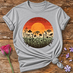 Wildflower Sunset Silhouette — Retro Distressed Botanical T-Shirt for Women in Sport Grey