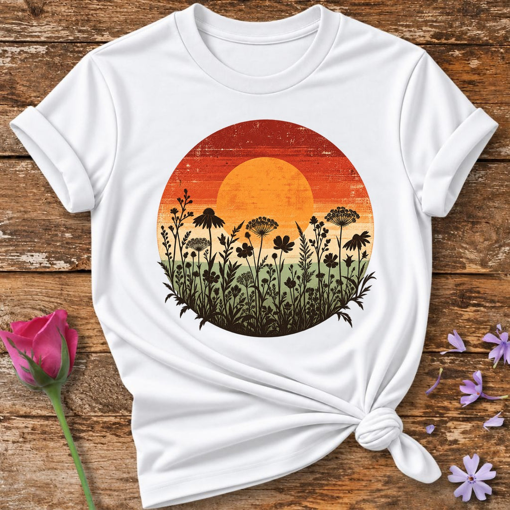 Wildflower Sunset Silhouette — Retro Distressed Botanical T-Shirt for Women in White