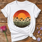 Wildflower Sunset Silhouette — Retro Distressed Botanical T-Shirt for Women in White