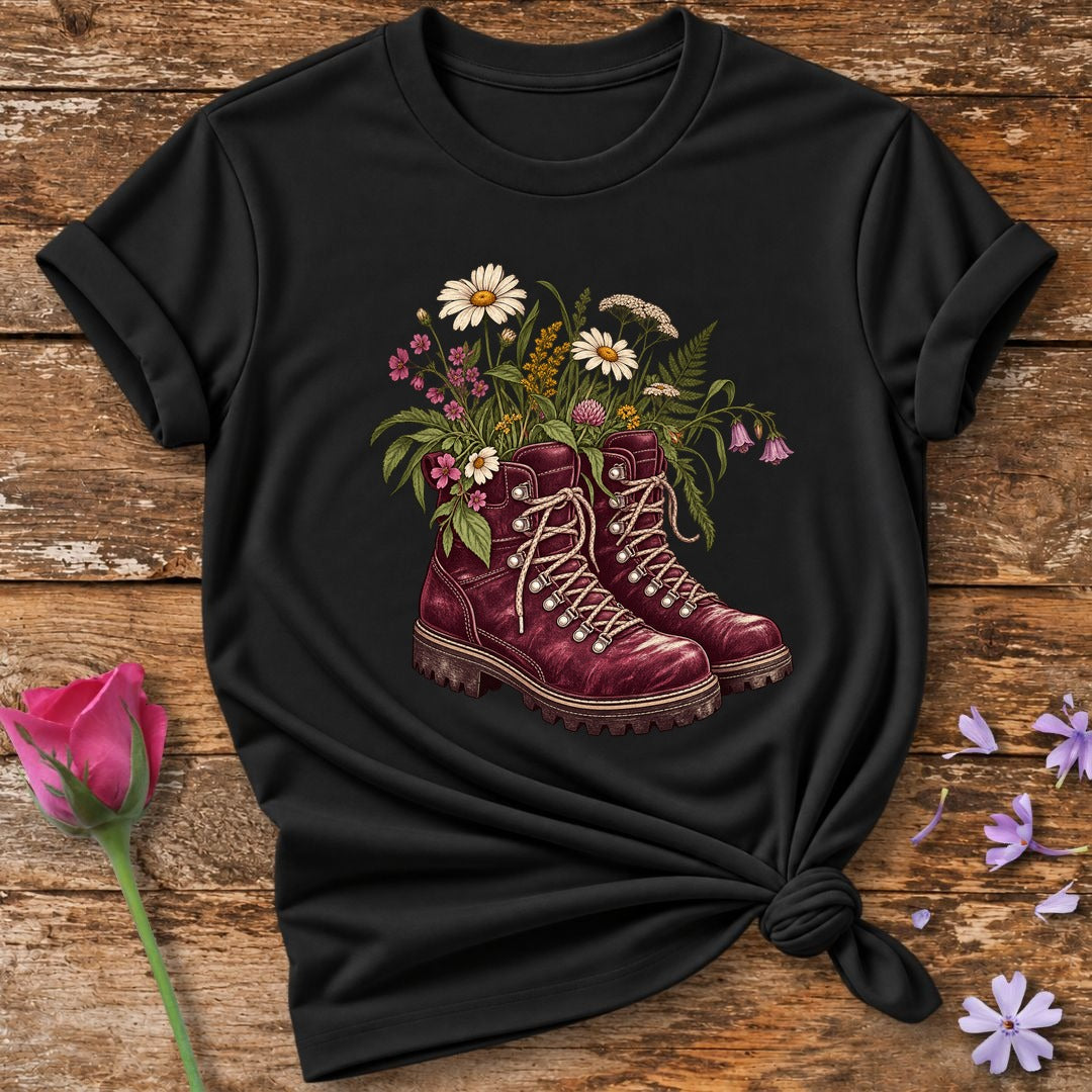 Wildflowers in Hiking Boots — Botanical Graphic T-Shirt for Women in Black