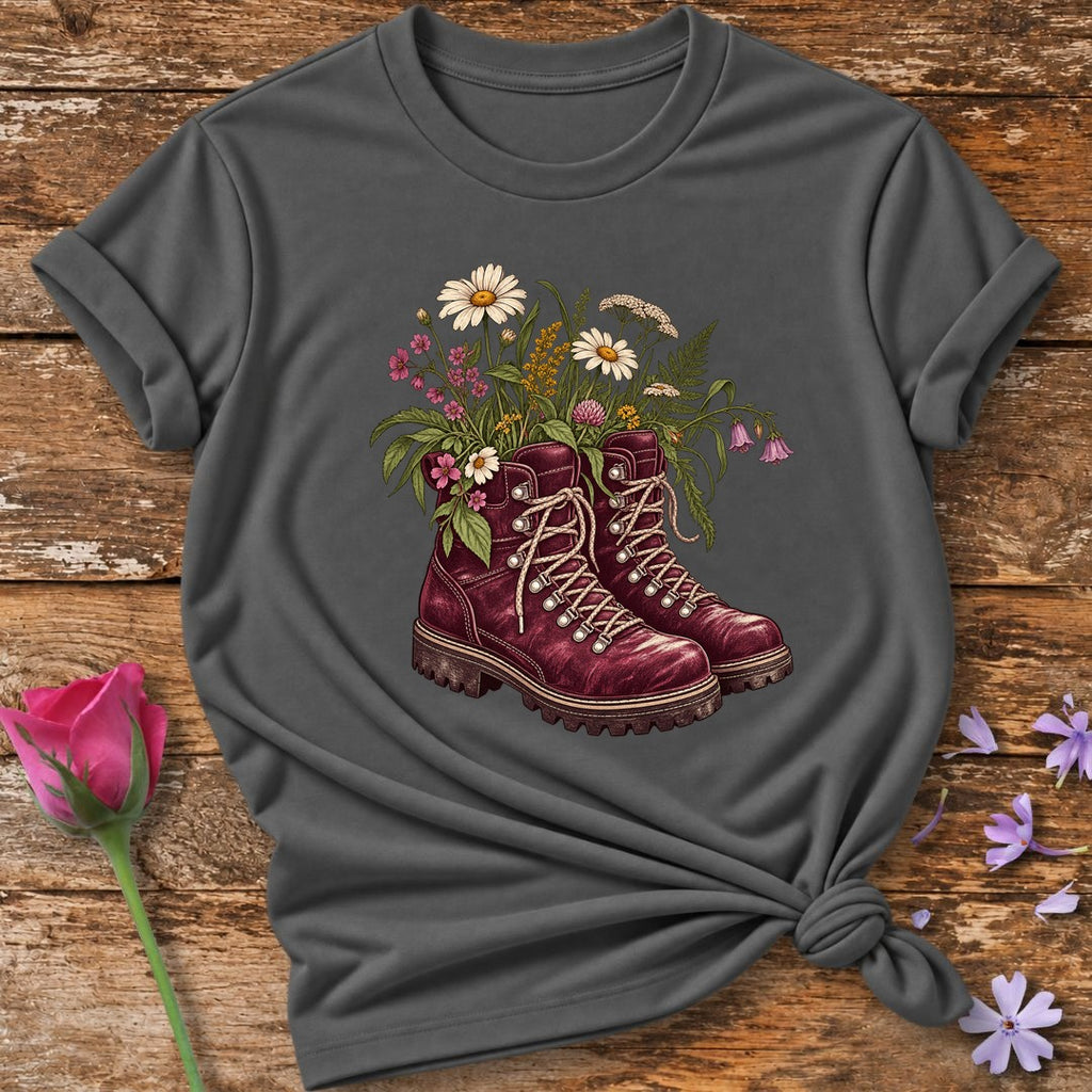 Wildflowers in Hiking Boots — Botanical Graphic T-Shirt for Women in Charcoal