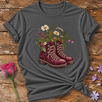 Wildflowers in Hiking Boots — Botanical Graphic T-Shirt for Women in Charcoal