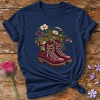 Wildflowers in Hiking Boots — Botanical Graphic T-Shirt for Women in Navy
