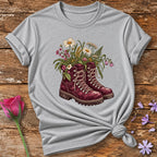 Wildflowers in Hiking Boots — Botanical Graphic T-Shirt for Women in Sport Grey