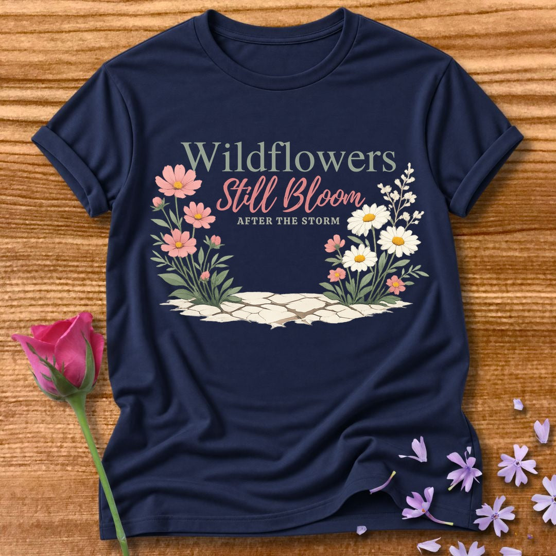 Wildflowers Still Bloom After the Storm Botanical Graphic Tee in Navy