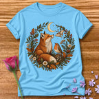 Woodland Wreath — Fox Robin Moth Botanical T-Shirt for Women in Sky
