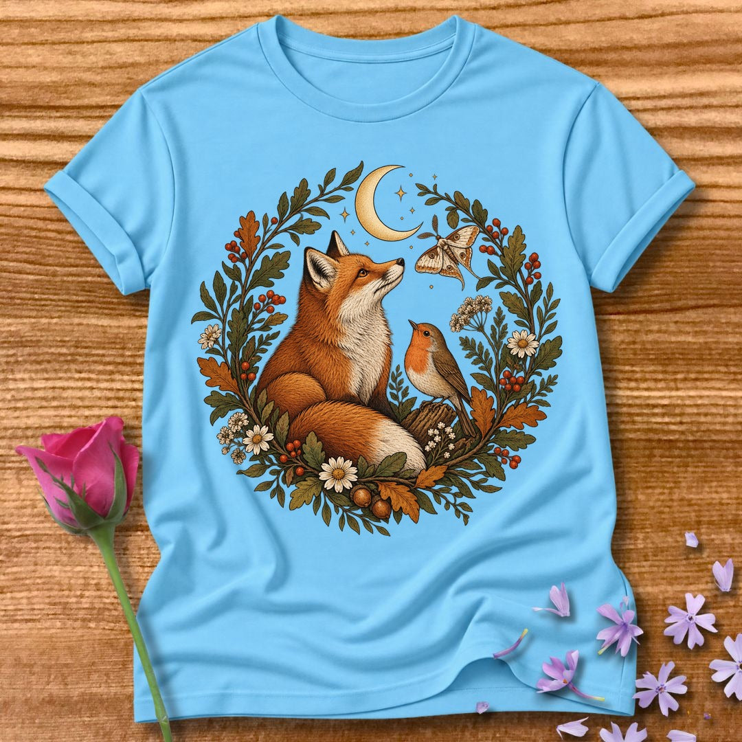 Woodland Wreath — Fox Robin Moth Botanical T-Shirt for Women in Sky