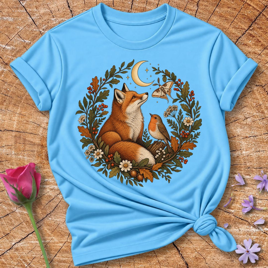 Woodland Wreath — Fox Robin Moth Botanical T-Shirt for Women in Sky
