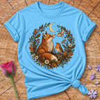 Woodland Wreath — Fox Robin Moth Botanical T-Shirt for Women in Sky