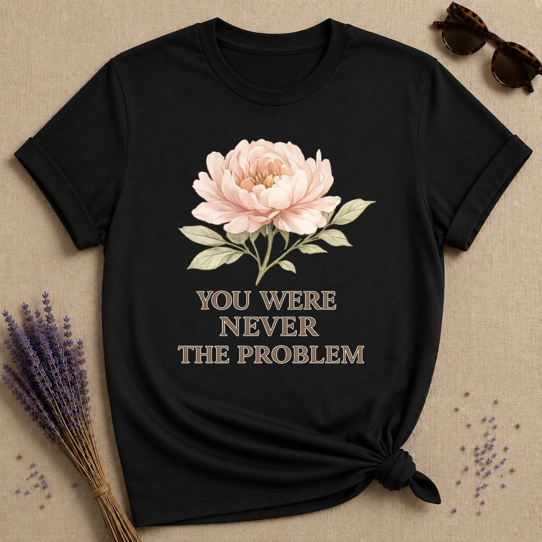 You Were Never the Problem — Watercolor Peony Floral T-Shirt for Women in Black