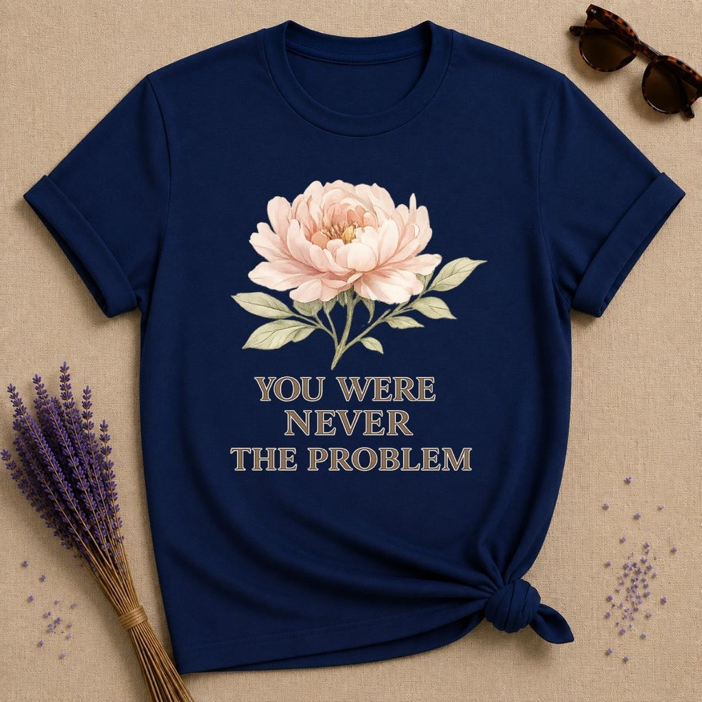 You Were Never the Problem — Watercolor Peony Floral T-Shirt for Women in Navy