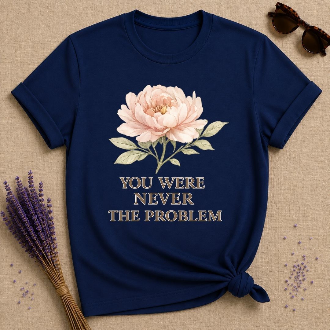 You Were Never the Problem — Watercolor Peony Floral T-Shirt for Women in Navy