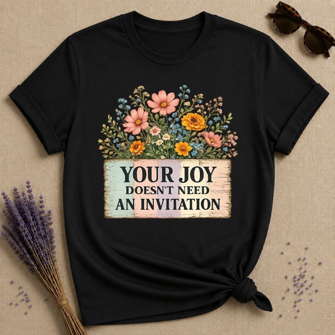 Your Joy Doesn't Need an Invitation — Wildflower Bouquet T-Shirt for Women in Black