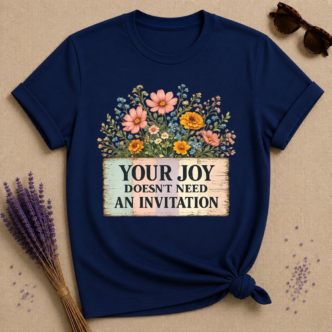 Your Joy Doesn't Need an Invitation — Wildflower Bouquet T-Shirt for Women in Navy