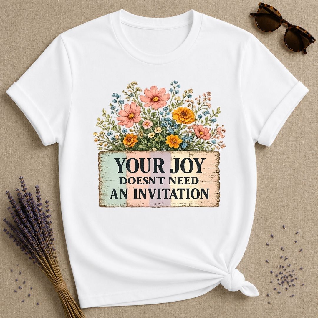 Your Joy Doesn't Need an Invitation — Wildflower Bouquet T-Shirt for Women in White