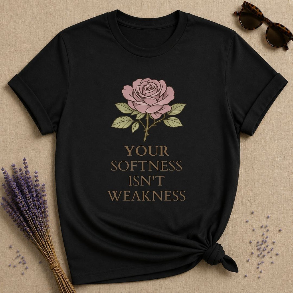 Your Softness Isn't Weakness — Watercolor Rose Botanical T-Shirt for Women in Black