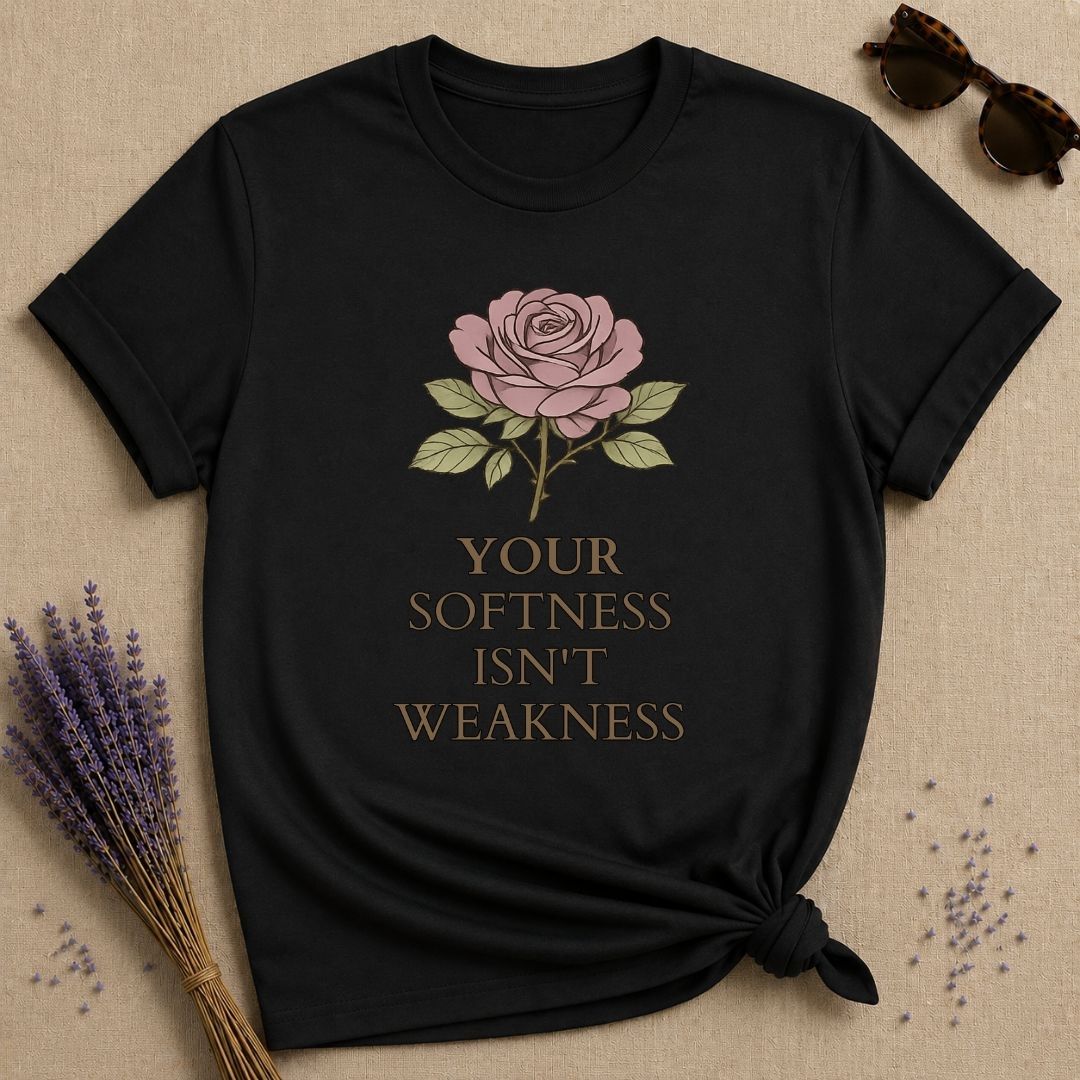 Your Softness Isn't Weakness — Watercolor Rose Botanical T-Shirt for Women in Black