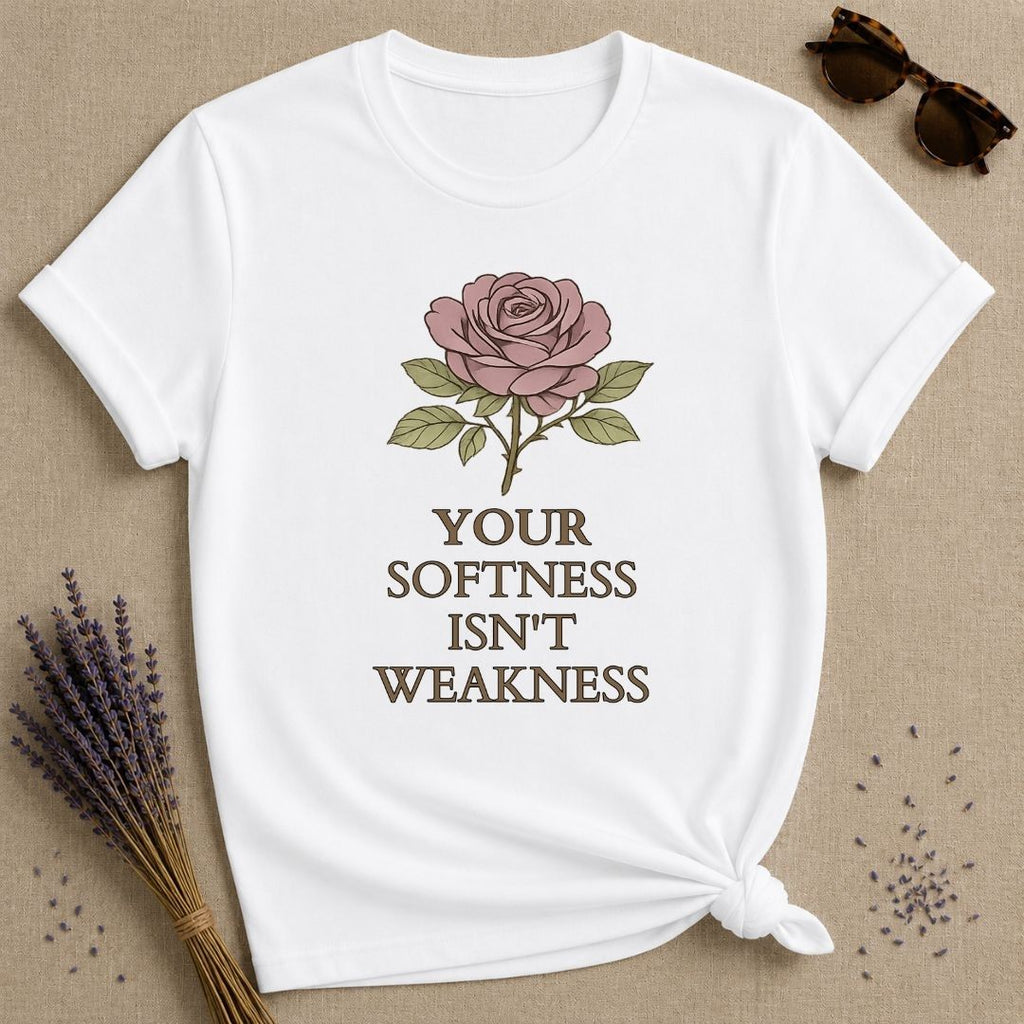 Your Softness Isn't Weakness — Watercolor Rose Botanical T-Shirt for Women in White