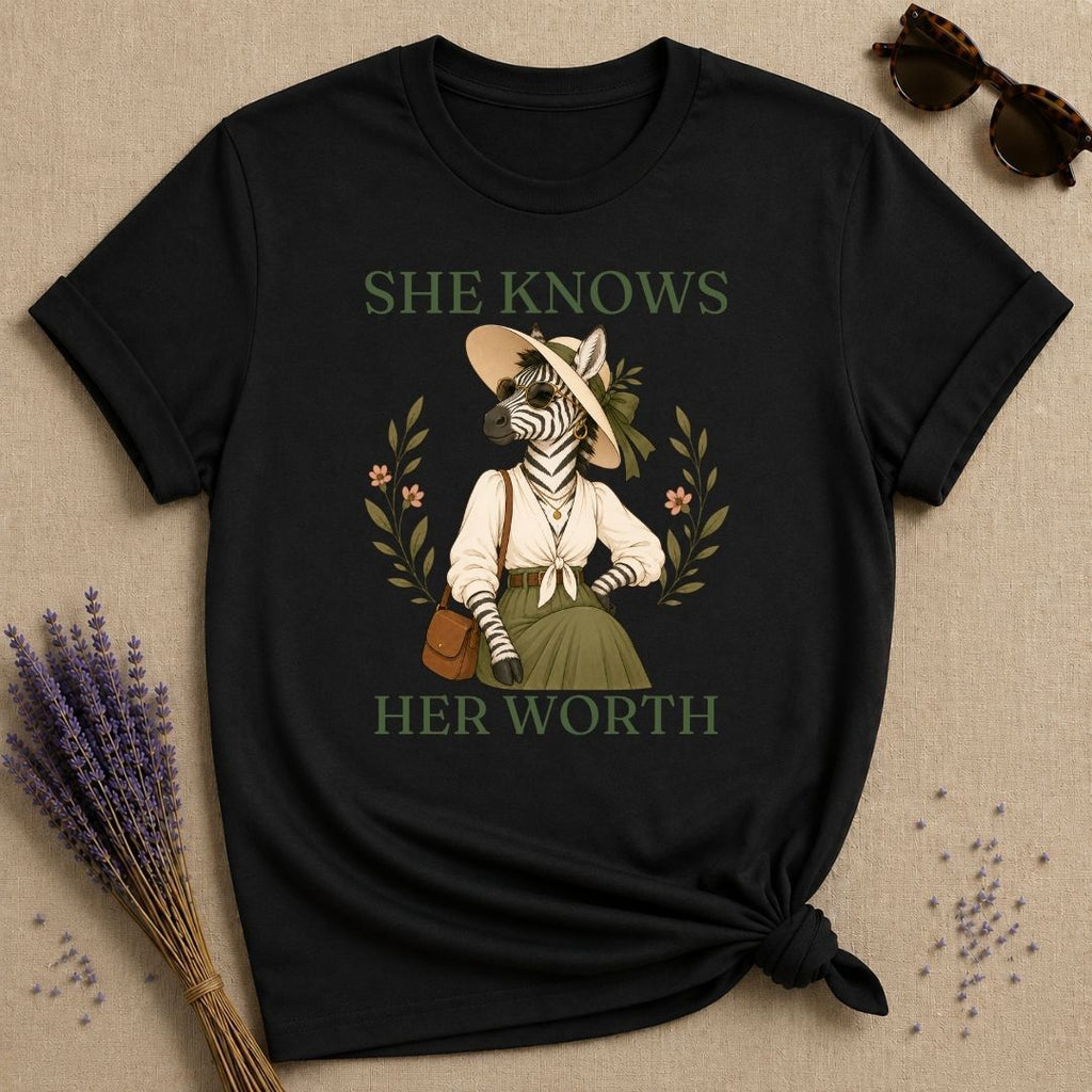 Zebra She Knows Her Worth T-Shirt - Black