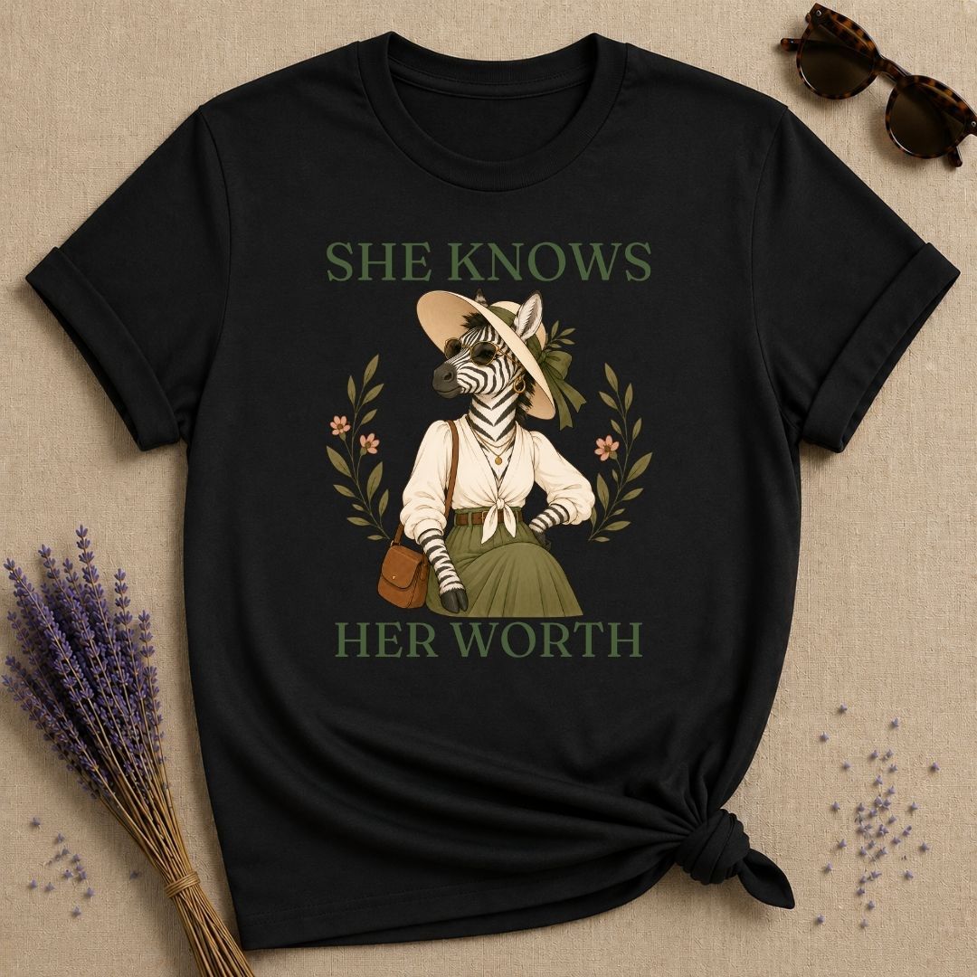 Zebra She Knows Her Worth T-Shirt - Black