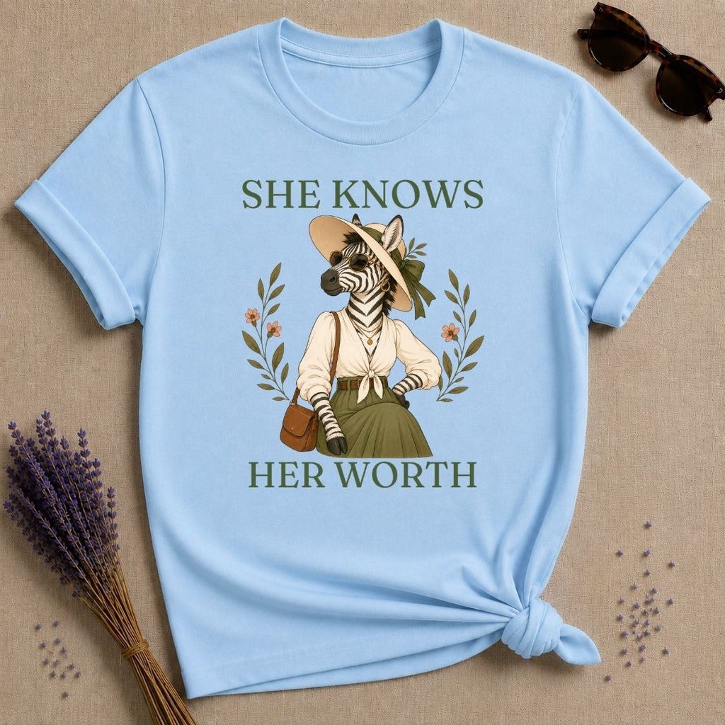 Zebra She Knows Her Worth T-Shirt - Light Blue
