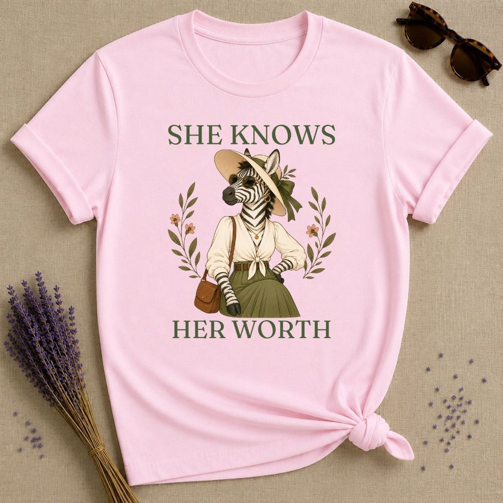 Zebra She Knows Her Worth T-Shirt - Light Pink