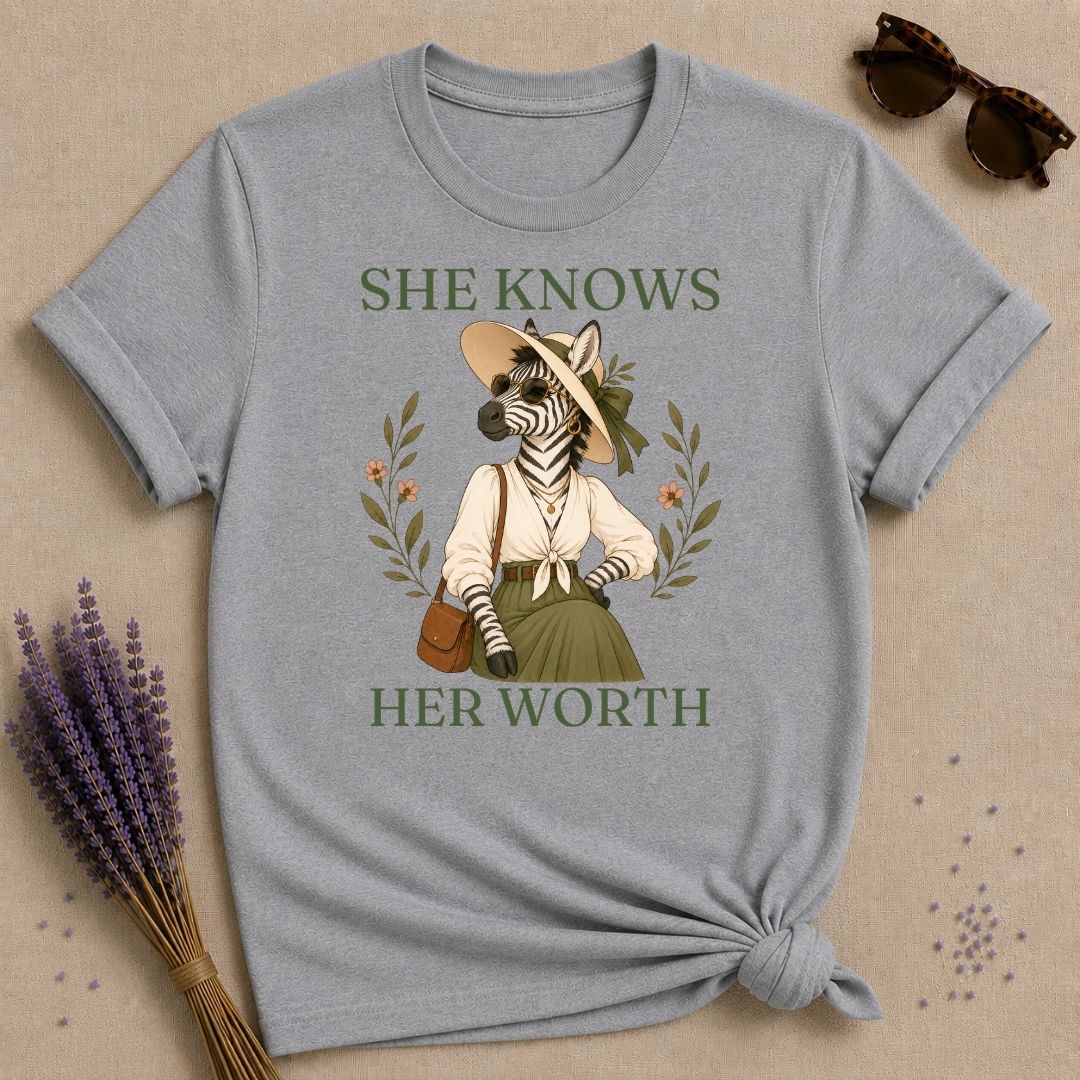 Zebra She Knows Her Worth T-Shirt - Sport Grey