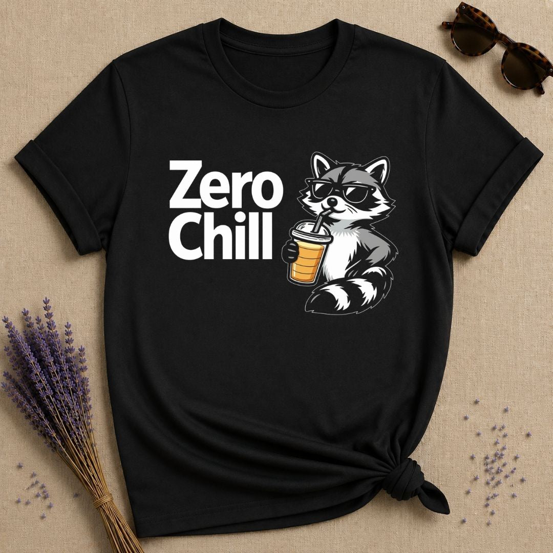 Zero Chill — Vintage Raccoon Sticker Graphic T-Shirt for Women in Black