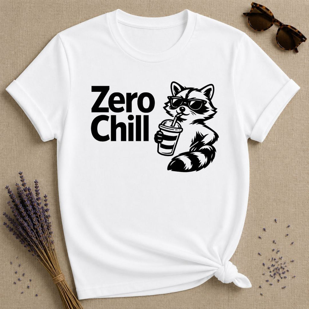 Zero Chill — Vintage Raccoon Sticker Graphic T-Shirt for Women in White