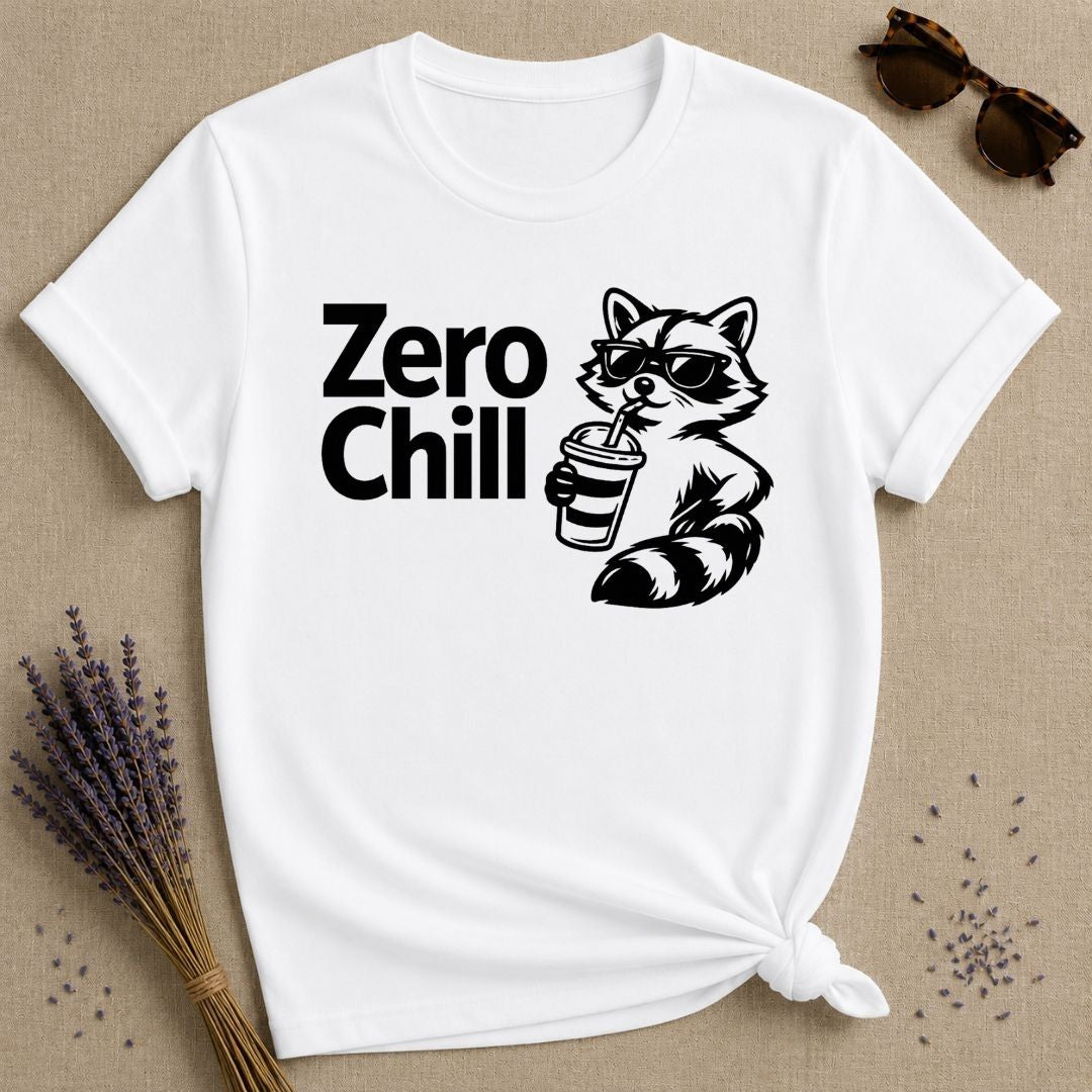 Zero Chill — Vintage Raccoon Sticker Graphic T-Shirt for Women in White